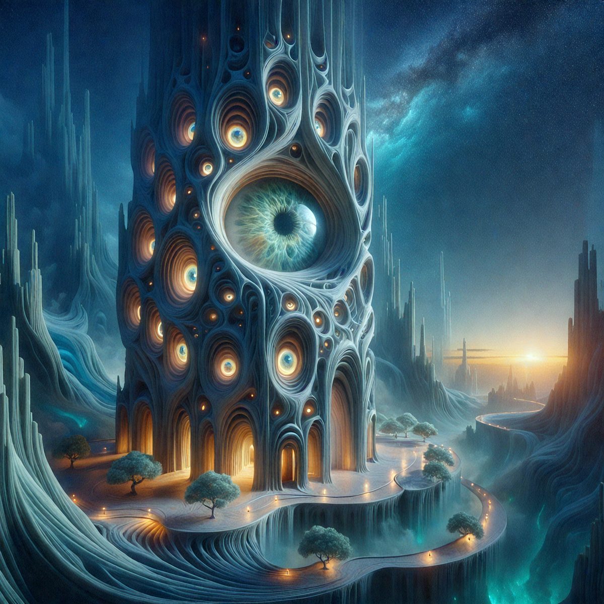 The primary subject of the image is a large, intricately designed building with a massive eye in the center. The building is surrounded by a forest, giving it a unique and captivating appearance. The visual style of the image is digital art, with the building and eye being the main focus of the composition. The colors and mood of the image are predominantly dark and mysterious, with the eye and the building's design adding a sense of wonder and curiosity to the scene.